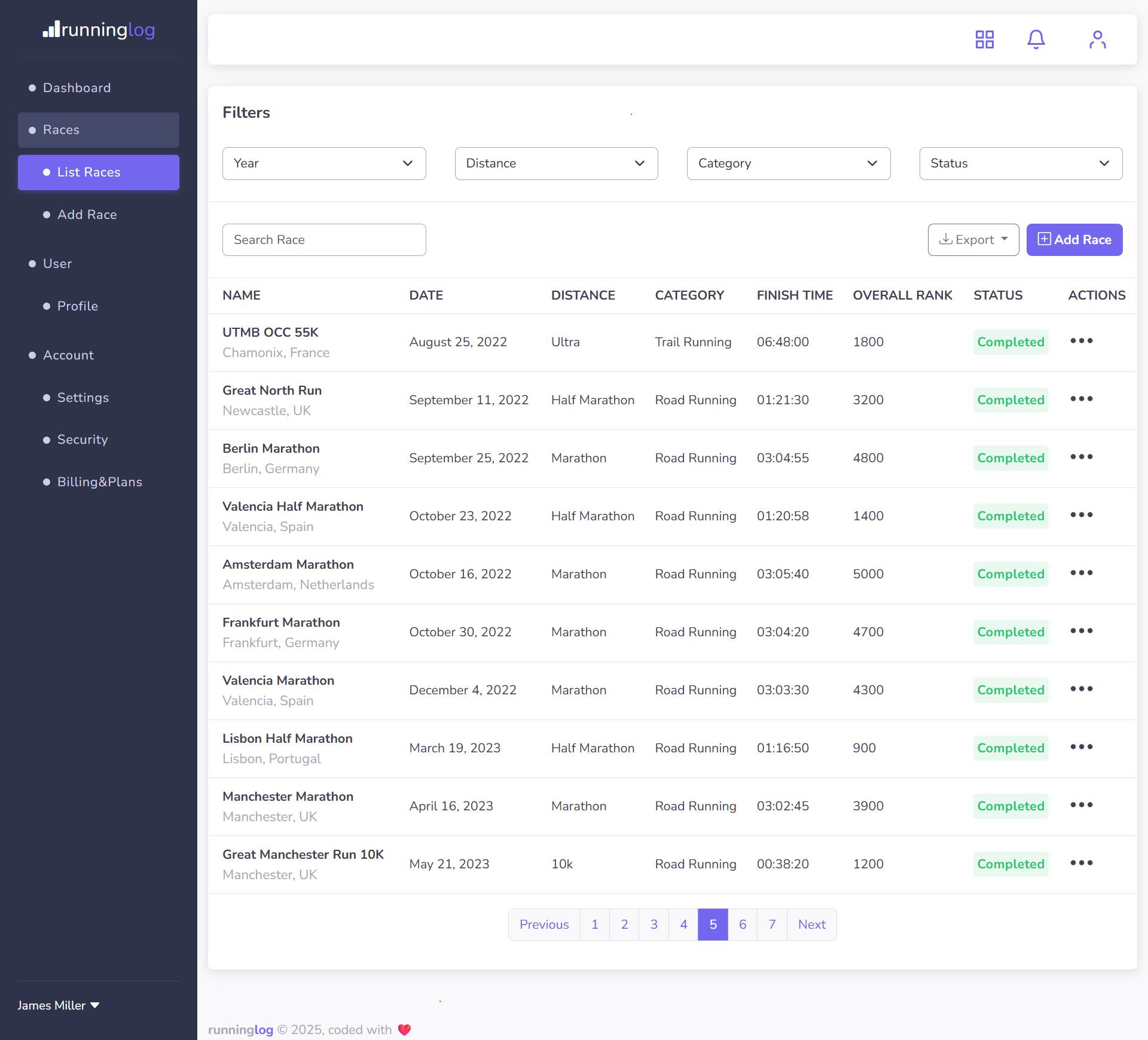 Race Log - Races List Screenshot